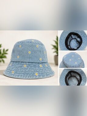 Light Blue Daisy Embroidered Bucket Hat